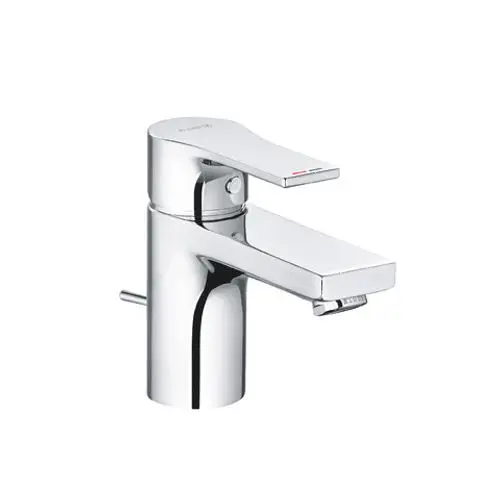 Chromfarbener Wasserhahn von Kludi mit einem flachen Auslauf und einemHebel zur Steuerung der Wassertemperatur. Schlichtes Design, geeignet für Waschbeckenmontage.